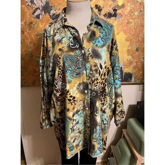 Tianello SS Christina Button Front Blouse Tencel Blend W/ Mixed Earthtone Patter - Picture 3 of 9